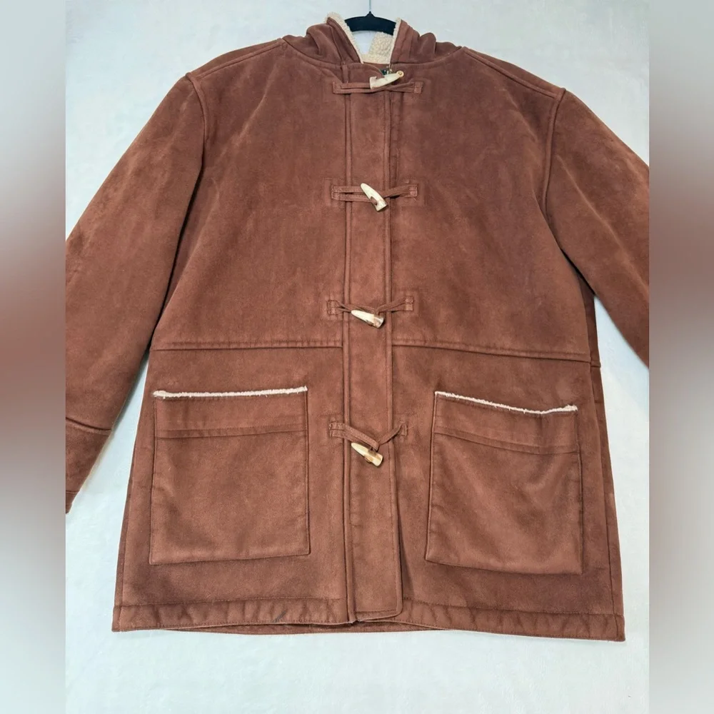Ralph Lauren Duffle Coat Petite Medium Brown Faux Suede Sherpa Lined Hood Toggl